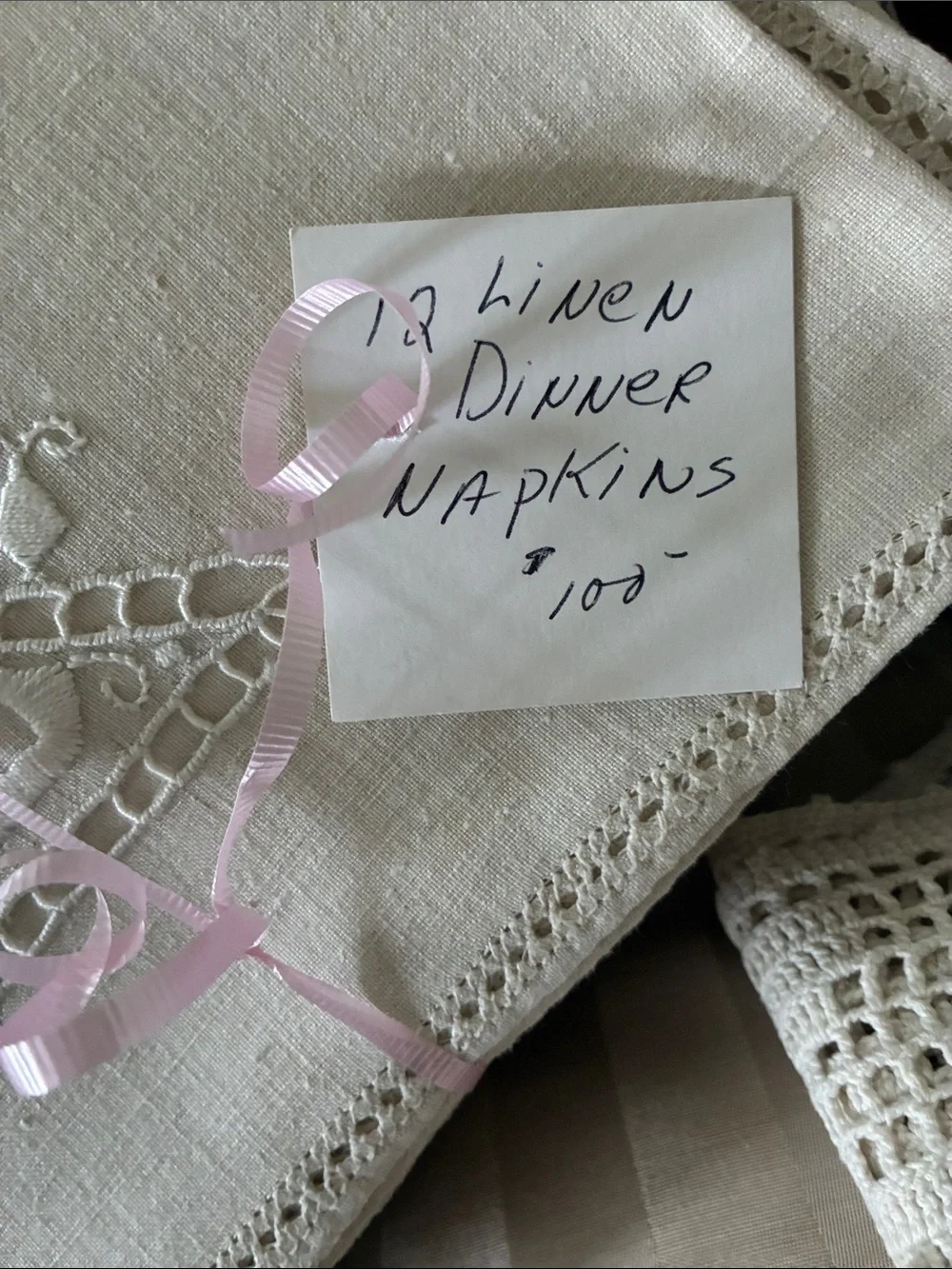 Vintage Cream Linen Dinner Napkins with Embroidered Cutwork Made in Italy